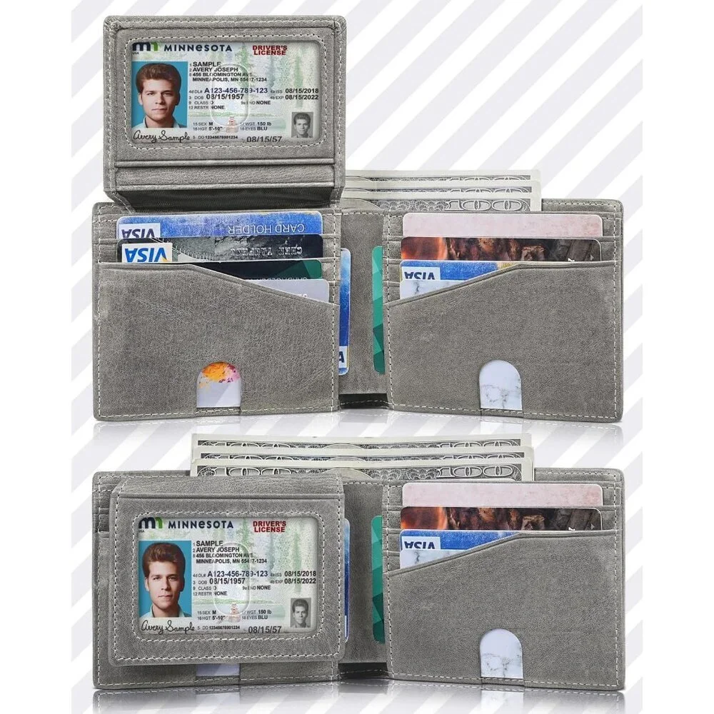 Men's Classic Bifold Wallet Card Gray Style Genuine Leather 2 Cash Pockets